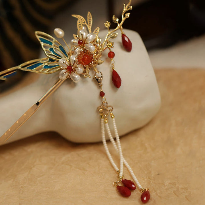 Buddha Stones Classical Chinese Style Flower Branche Butterfly Pearl Tassel Hair Clip Hairpin Hair Crown - image 26