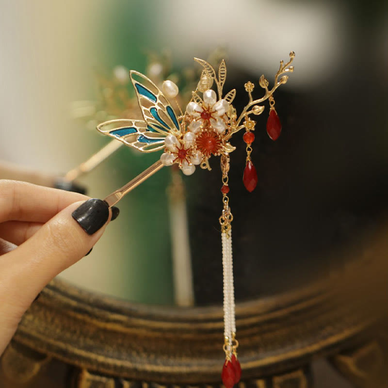 Buddha Stones Classical Chinese Style Flower Branche Butterfly Pearl Tassel Hair Clip Hairpin Hair Crown - image 7