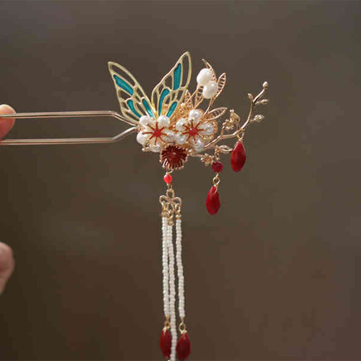 Buddha Stones Classical Chinese Style Flower Branche Butterfly Pearl Tassel Hair Clip Hairpin Hair Crown - image 16