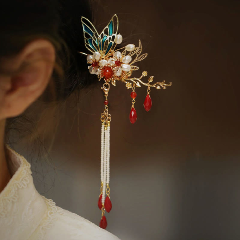 Buddha Stones Classical Chinese Style Flower Branche Butterfly Pearl Tassel Hair Clip Hairpin Hair Crown - image 4