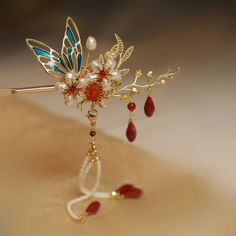 Buddha Stones Classical Chinese Style Flower Branche Butterfly Pearl Tassel Hair Clip Hairpin Hair Crown - image 12