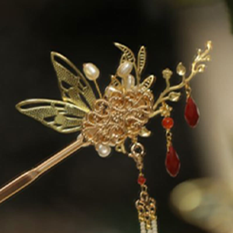 Buddha Stones Classical Chinese Style Flower Branche Butterfly Pearl Tassel Hair Clip Hairpin Hair Crown - image 6