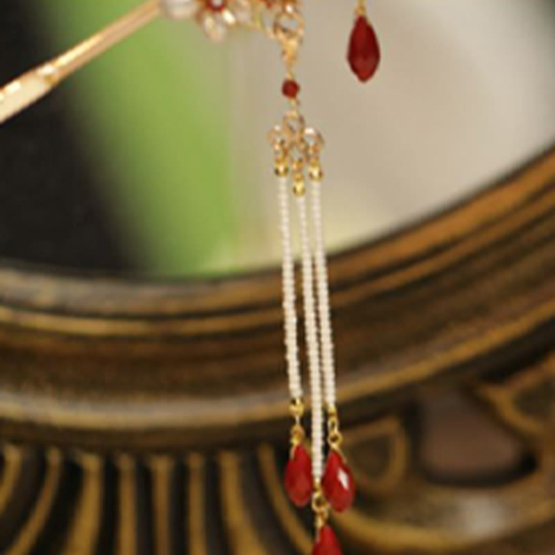 Buddha Stones Classical Chinese Style Flower Branche Butterfly Pearl Tassel Hair Clip Hairpin Hair Crown - image 9