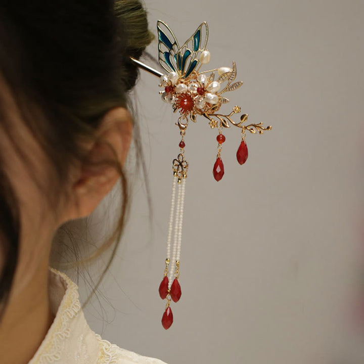 Buddha Stones Classical Chinese Style Flower Branche Butterfly Pearl Tassel Hair Clip Hairpin Hair Crown - image 10