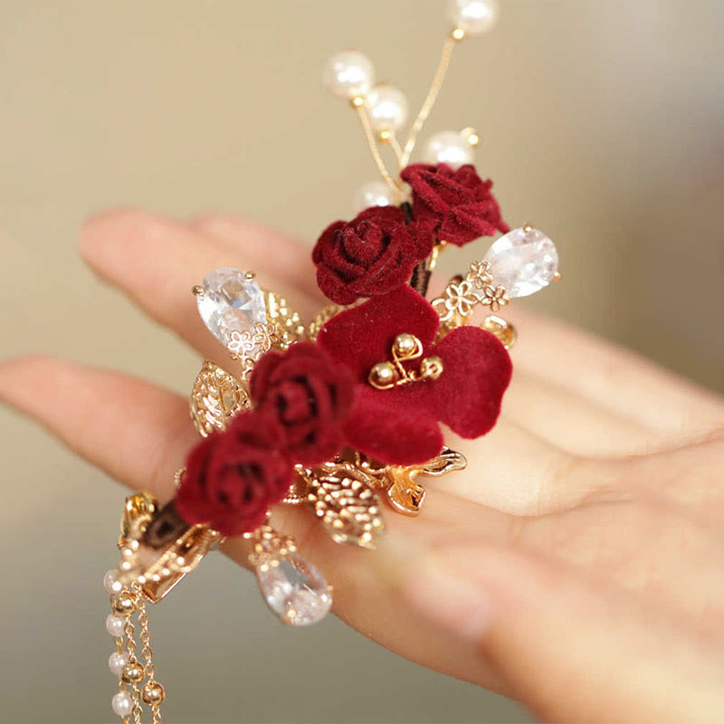 Buddha Stones Retro Chinese Style Red Camellia Flower Tassel Side Hair Clip - image 8