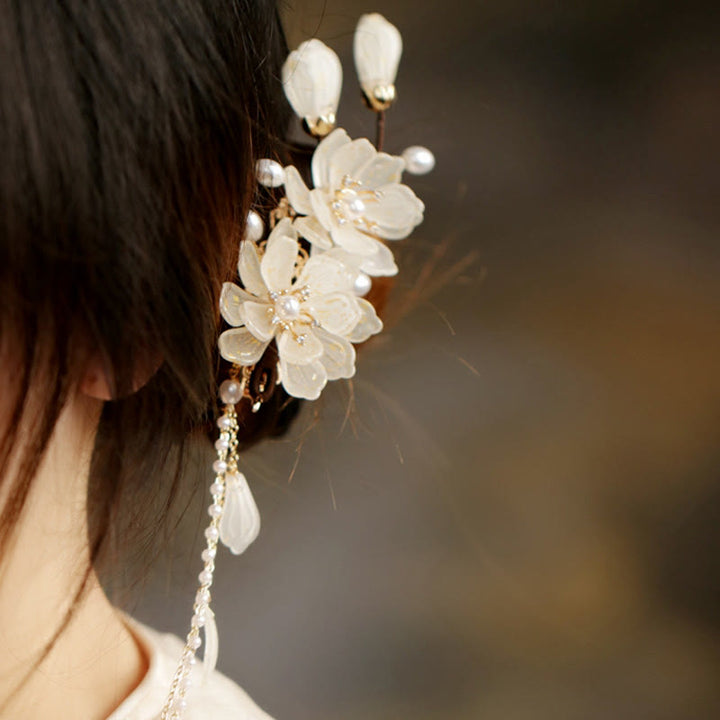 Buddha Stones Classical Magnolia Tassel Side Hair Clip - White Hair Clip - image 0