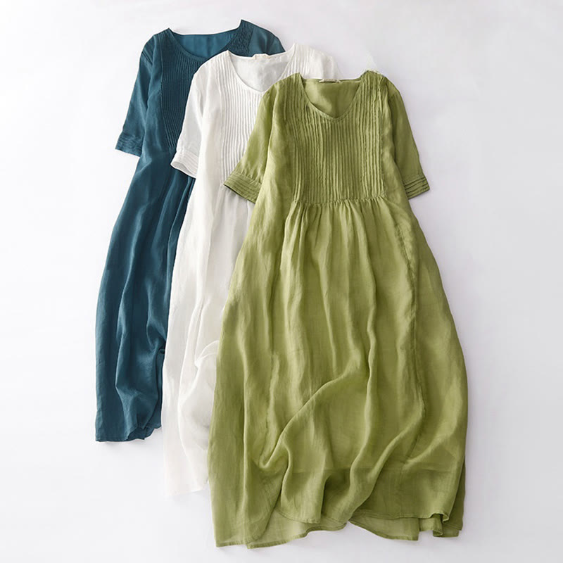 Buddha Stones Casual Accordion Pleat Plain V-neck Short Sleeve Cotton Midi Dress With Pockets - image 0