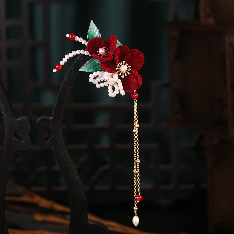 Buddha Stones Antiquity Red Flowers Pearl Tassel Hair Clip Set - image 1