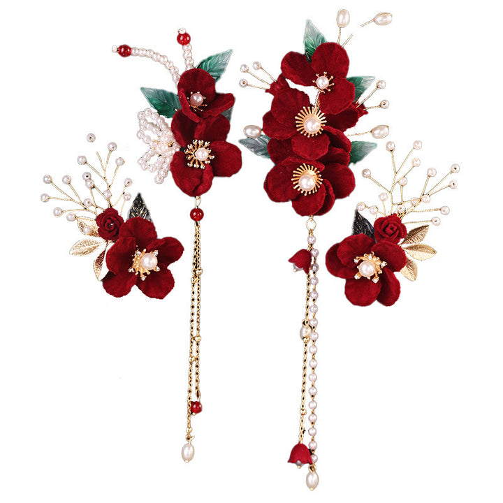 Buddha Stones Antiquity Red Flowers Pearl Tassel Hair Clip Set - image 4