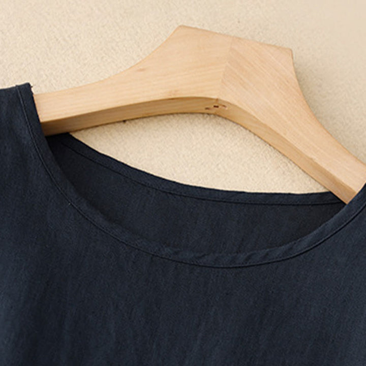 Buddha Stones Casual Plain Crew Neck Lace-up Half Sleeve Cotton Linen Midi Dress With Pockets - image 3