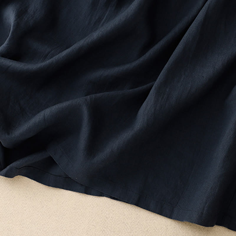 Buddha Stones Casual Plain Crew Neck Lace-up Half Sleeve Cotton Linen Midi Dress With Pockets - image 5