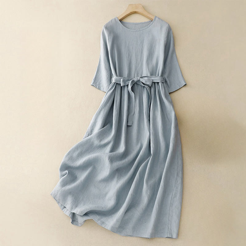 Buddha Stones Casual Plain Crew Neck Lace-up Half Sleeve Midi Dress With Pockets - SkyBlue - US8-10，UK/AU12-14，EU40-42 (2XL) - image 7
