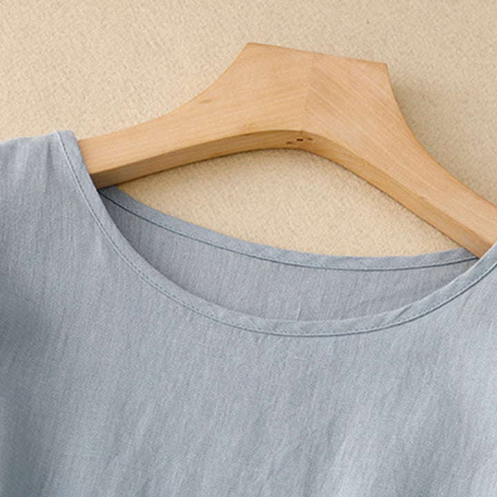 Buddha Stones Casual Plain Crew Neck Lace-up Half Sleeve Cotton Linen Midi Dress With Pockets - image 9