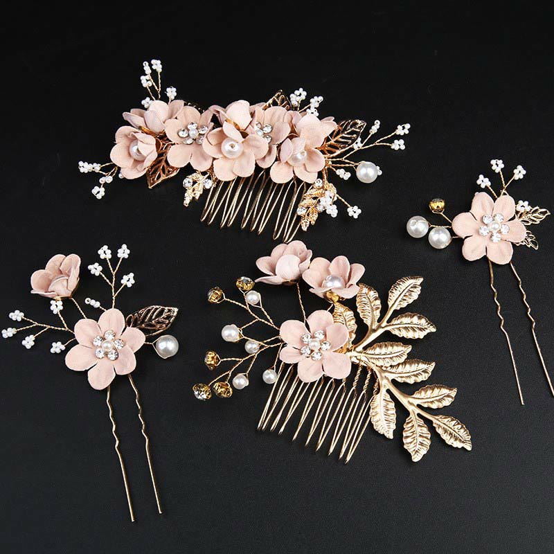 Buddha Stones 4Pcs Handmade Wedding Golden Leaf Flower Pearl Hairpin Hair Comb Set - Pink 4PcsSet - image 0
