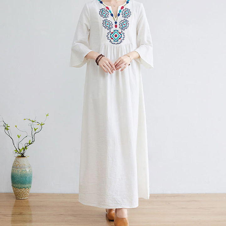 Buddha Stones Casual Embroidered Flower Pattern V-neck Three Quarter Sleeve Design Cotton Linen Midi Dress - image 3