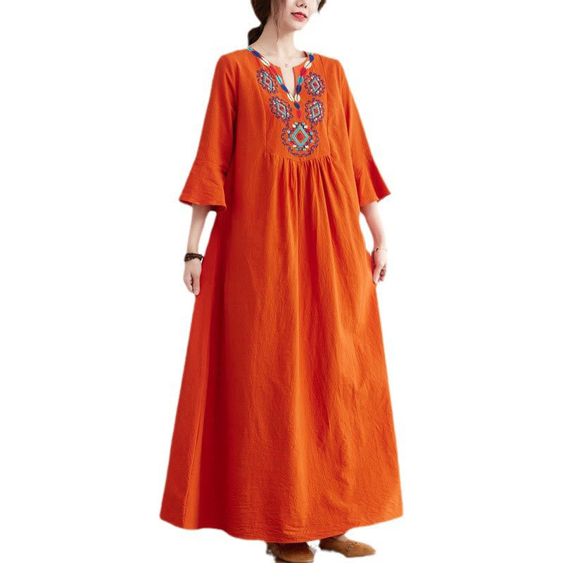 Buddha Stones Casual Embroidered Flower Pattern V-neck Three Quarter Sleeve Design Cotton Linen Midi Dress - image 12