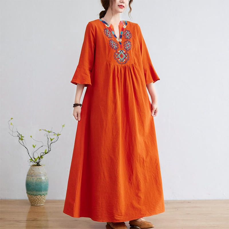 Buddha Stones Casual Embroidered Flower Pattern V-neck Three Quarter Sleeve Design Cotton Linen Midi Dress - Coral - US8-10，UK/AU12-14，EU40-42 (2XL) - image 9