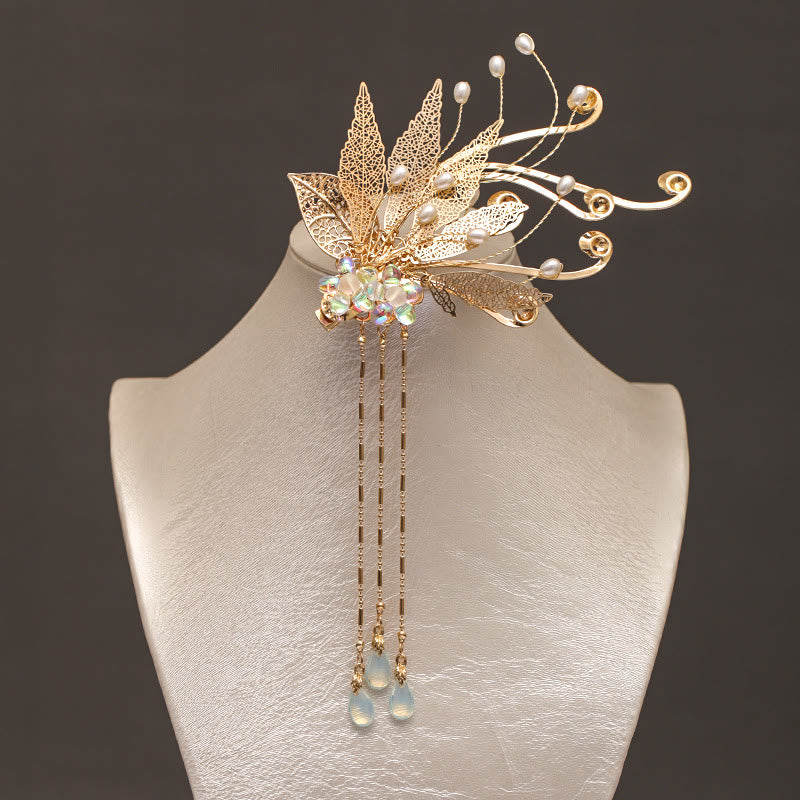 Buddha Stones Traditional Chinese Golden Leaf Flower Tassel Hair Clip - Metal Hair Clip - image 0