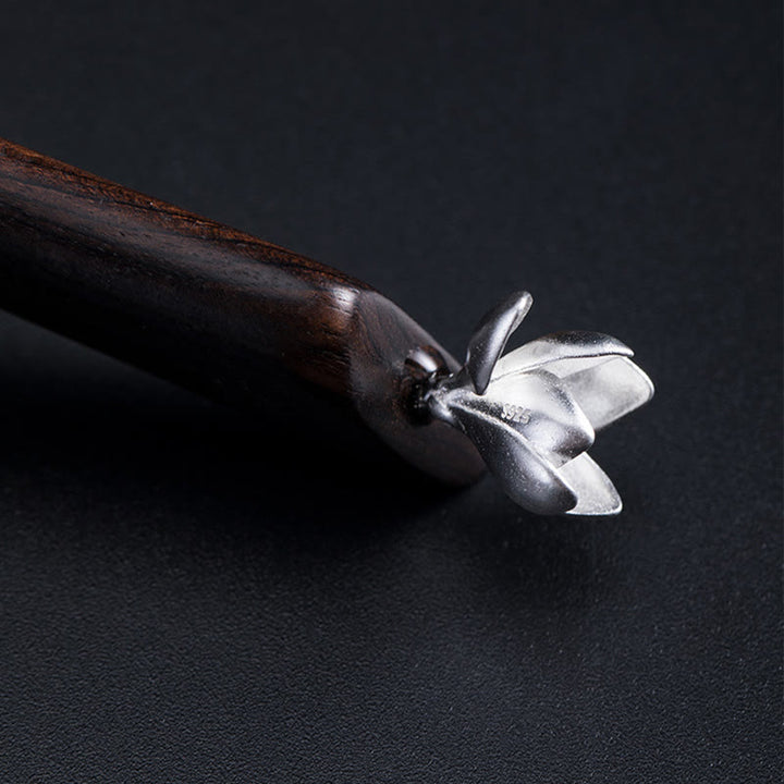Buddha Stones 925 Sterling Silver Classical Ebony Magnolia Flower Blessing Hairpin - image 1