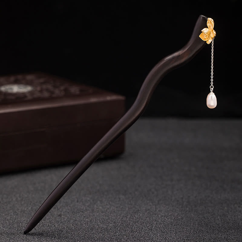 Buddha Stones 925 Sterling Silver Classical Chinese Style Ebony Lotus Flower Pearl Tassel Blessing Hairpin - image 2