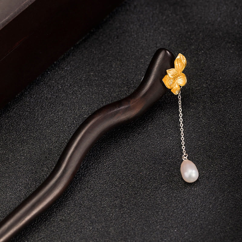 Buddha Stones 925 Sterling Silver Classical Chinese Style Ebony Lotus Flower Pearl Tassel Blessing Hairpin - Louts Flower Hairpin With Tassel - image 0