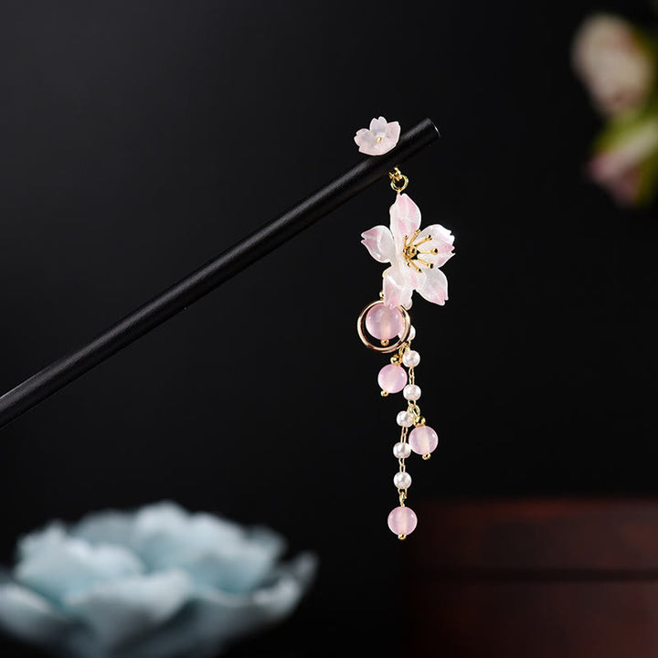 Buddha Stones Artistic Style Pear Blossom Tassel Wood Hairpin - Pear Blossom Tassel Hairpin - image 0
