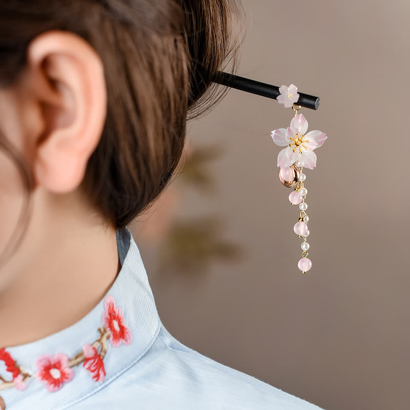 Buddha Stones Artistic Style Pear Blossom Tassel Wood Hairpin - image 3