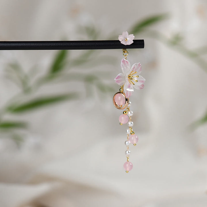 Buddha Stones Artistic Style Pear Blossom Tassel Wood Hairpin - image 1