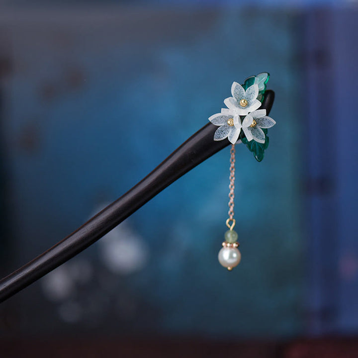 Buddha Stones Lily Of The Valley Pearl Tassel Wood Hairpin - Lily Of The Valley Tassel Hairpin - image 0