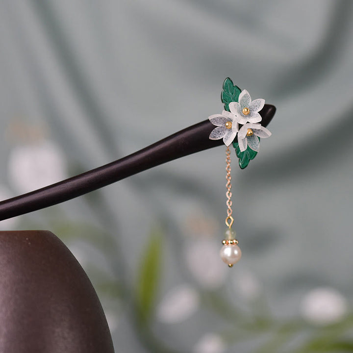 Buddha Stones Lily Of The Valley Pearl Tassel Wood Hairpin - image 3