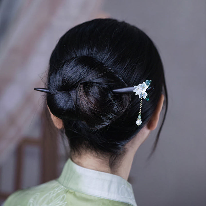 Buddha Stones Lily Of The Valley Pearl Tassel Wood Hairpin - image 2