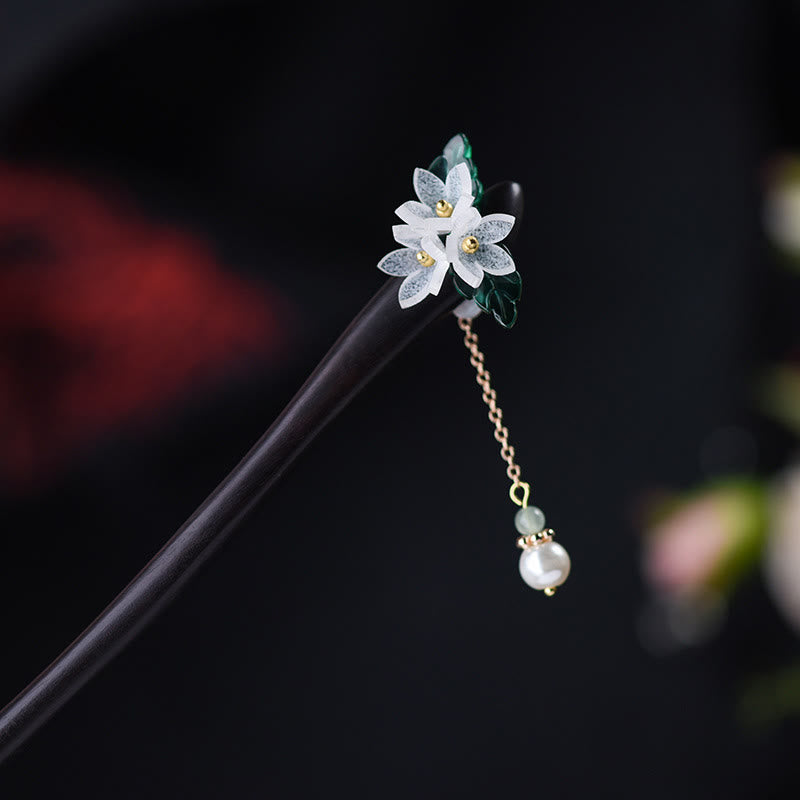 Buddha Stones Lily Of The Valley Pearl Tassel Wood Hairpin - image 1