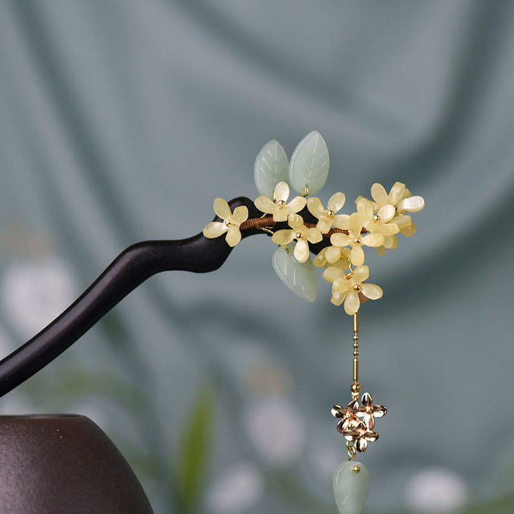 Buddha Stones Natural Ebony Wood Osmanthus Tassel Balance Hairpin - image 2