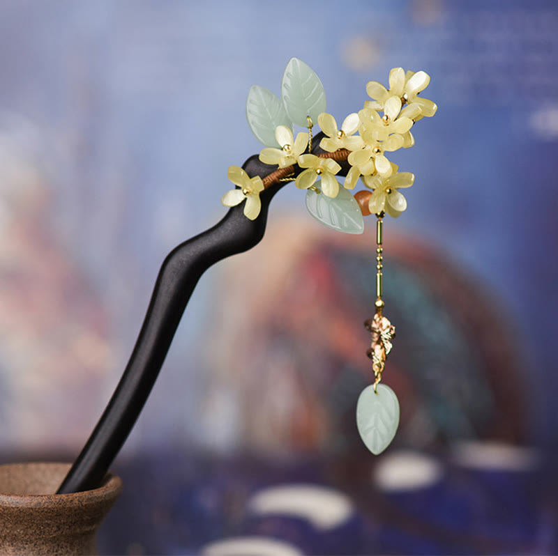 Buddha Stones Natural Ebony Wood Osmanthus Tassel Balance Hairpin - image 1