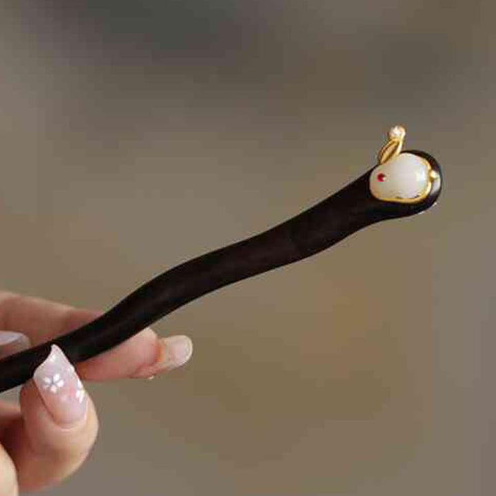 Buddha Stones Auspicious Cloud Sandalwood Rabbit Protection Hairpin - Snake-Shaped Hairpin Rabbit White - image 36