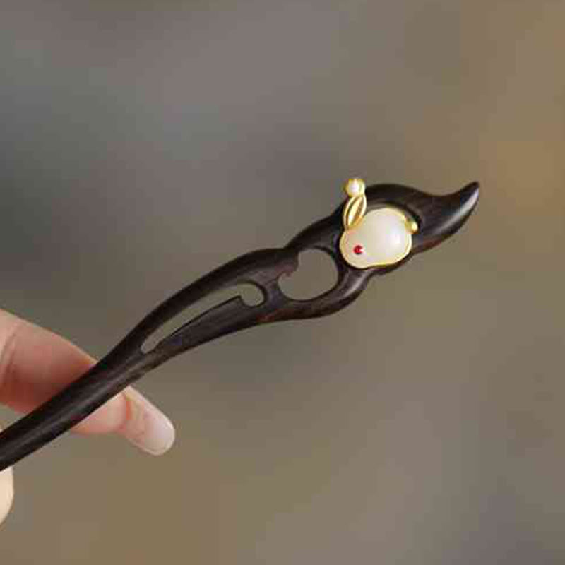 Buddha Stones Auspicious Cloud Sandalwood Rabbit Protection Hairpin - Changqing Rabbit White - image 24