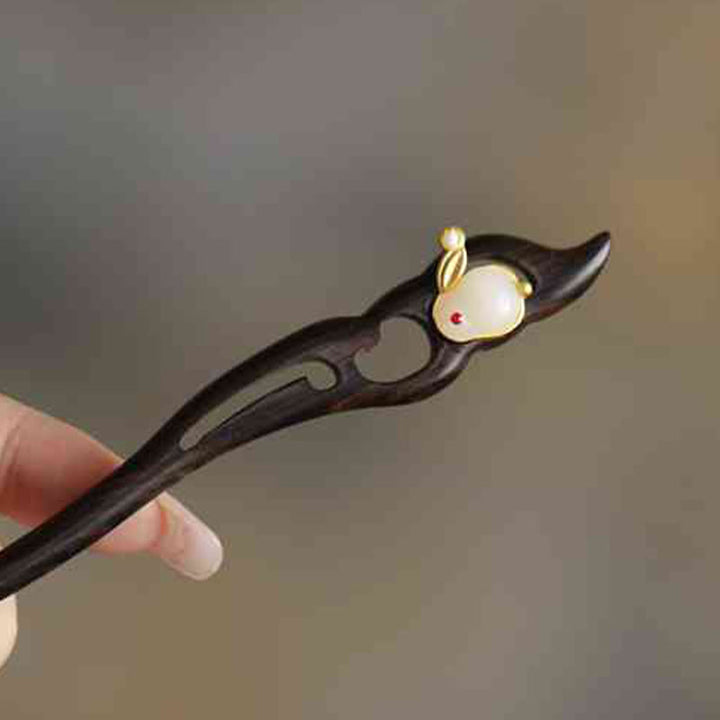 Buddha Stones Auspicious Cloud Sandalwood Rabbit Protection Hairpin - Changqing Rabbit White - image 24