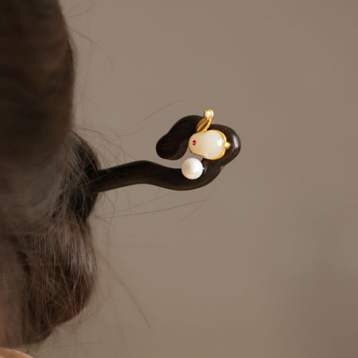 Buddha Stones Auspicious Cloud Sandalwood Rabbit Protection Hairpin - image 12