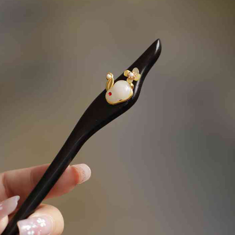 Buddha Stones Auspicious Cloud Sandalwood Rabbit Protection Hairpin - Daffodil Rabbit White - image 30