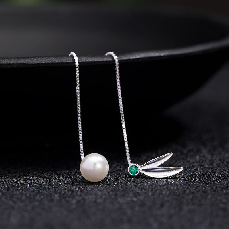 Buddha Stones 925 Sterling Silver Zircon Pearl Bamboo Leaves Protection Drop Earrings - image 5