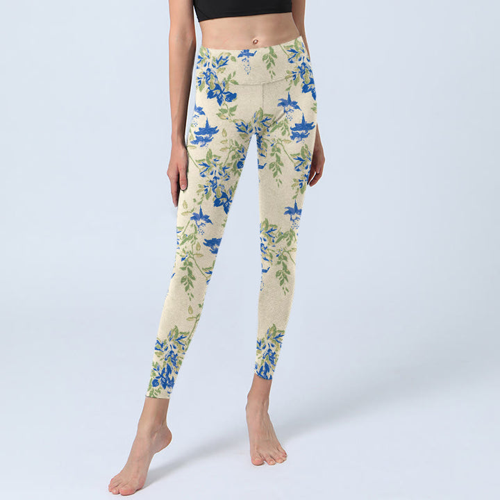 Buddha Stones Casual Dark Blue Flower Leaves Print Gym Fitness Leggings Women's Yoga Pants - image 5