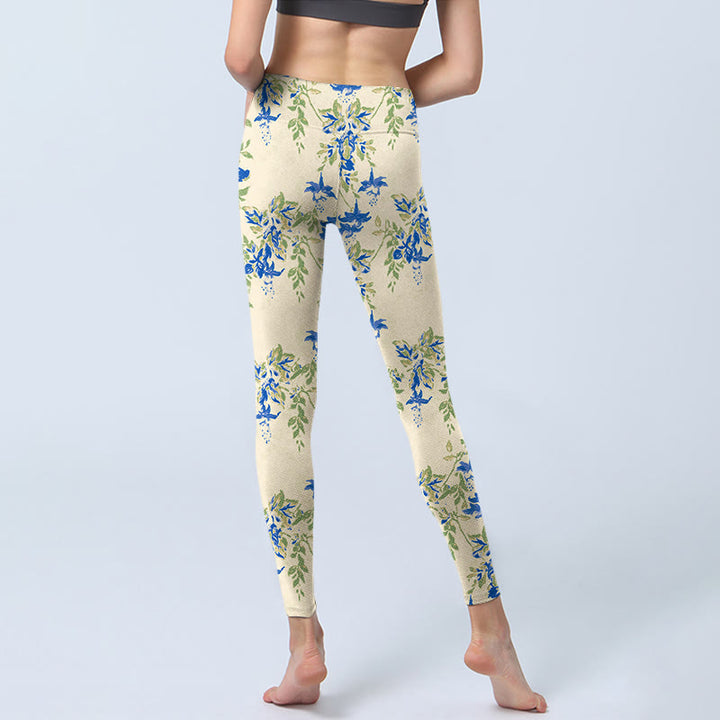 Buddha Stones Casual Dark Blue Flower Leaves Print Gym Fitness Leggings Women's Yoga Pants - image 6