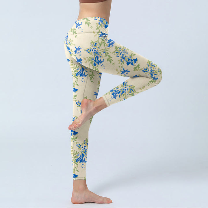 Buddha Stones Casual Dark Blue Flower Leaves Print Gym Fitness Leggings Women's Yoga Pants - image 3