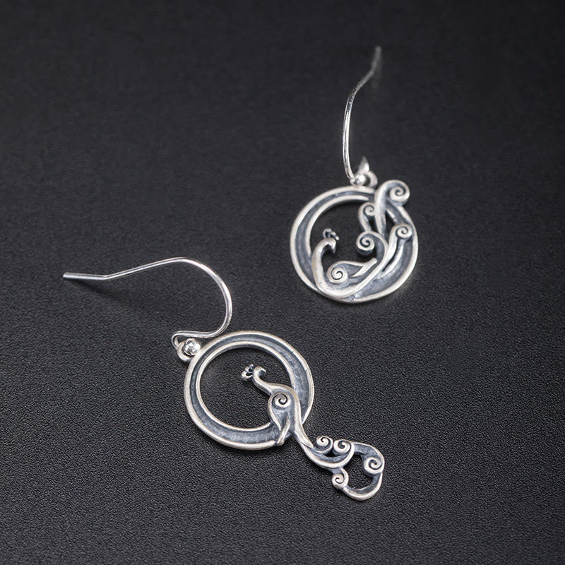 Buddha Stones 925 Sterling Silver Round Asymmetry Peacock Fortune Earrings - image 1