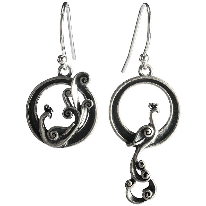 Buddha Stones 925 Sterling Silver Round Asymmetry Peacock Fortune Earrings - image 7