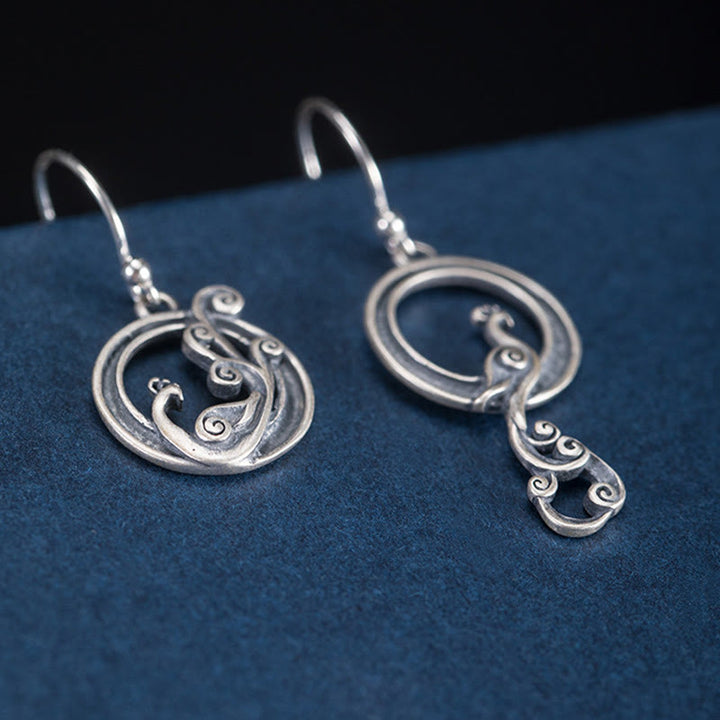 Buddha Stones 925 Sterling Silver Round Asymmetry Peacock Fortune Earrings - image 5