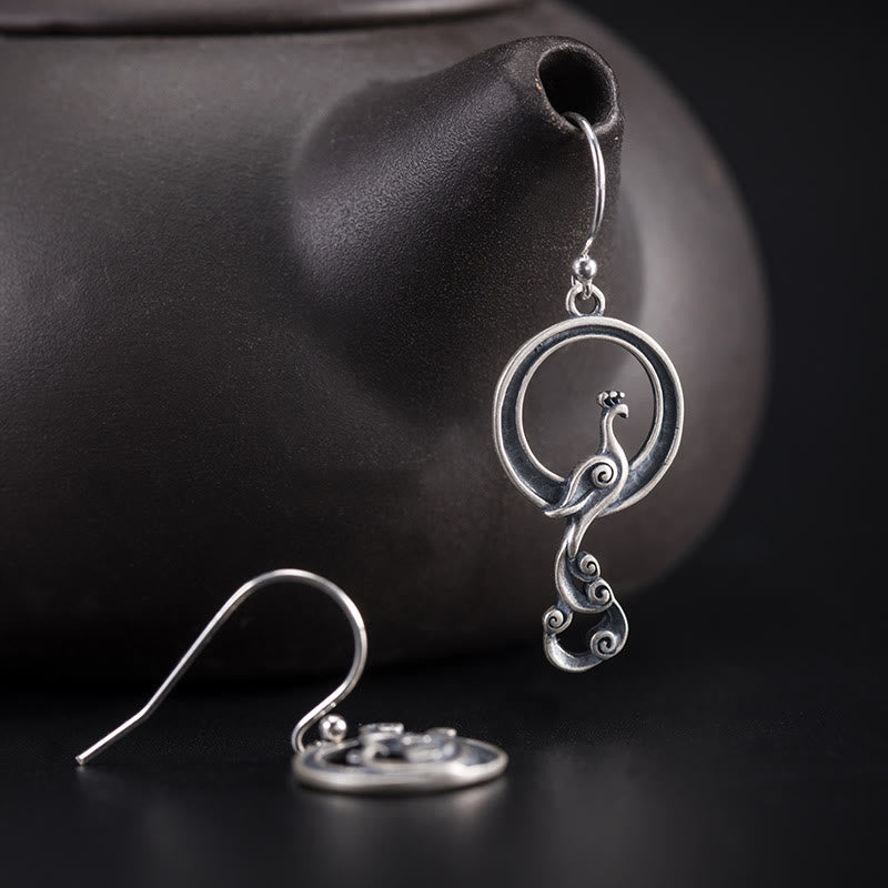 Buddha Stones 925 Sterling Silver Round Asymmetry Peacock Fortune Earrings - image 4