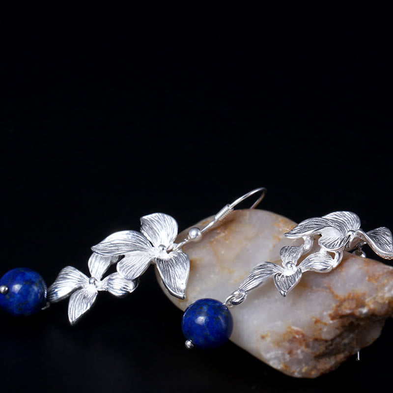Buddha Stones 925 Sterling Silver Lazurite Lapis Lazuli Ethnic Style Flower Positive Drop Earrings - image 1