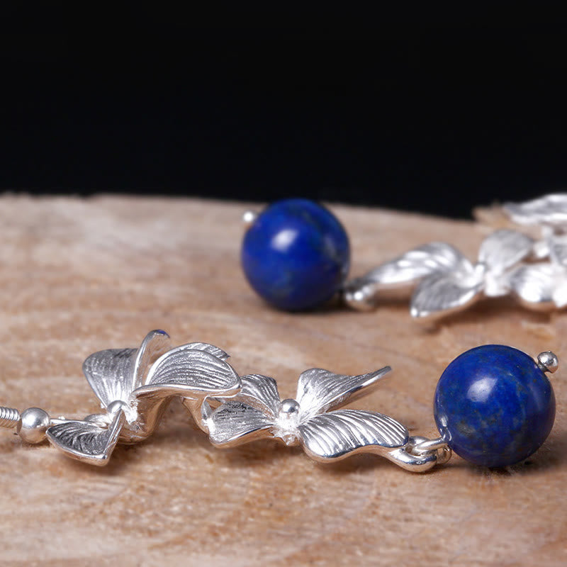 Buddha Stones 925 Sterling Silver Lazurite Lapis Lazuli Ethnic Style Flower Positive Drop Earrings - image 5