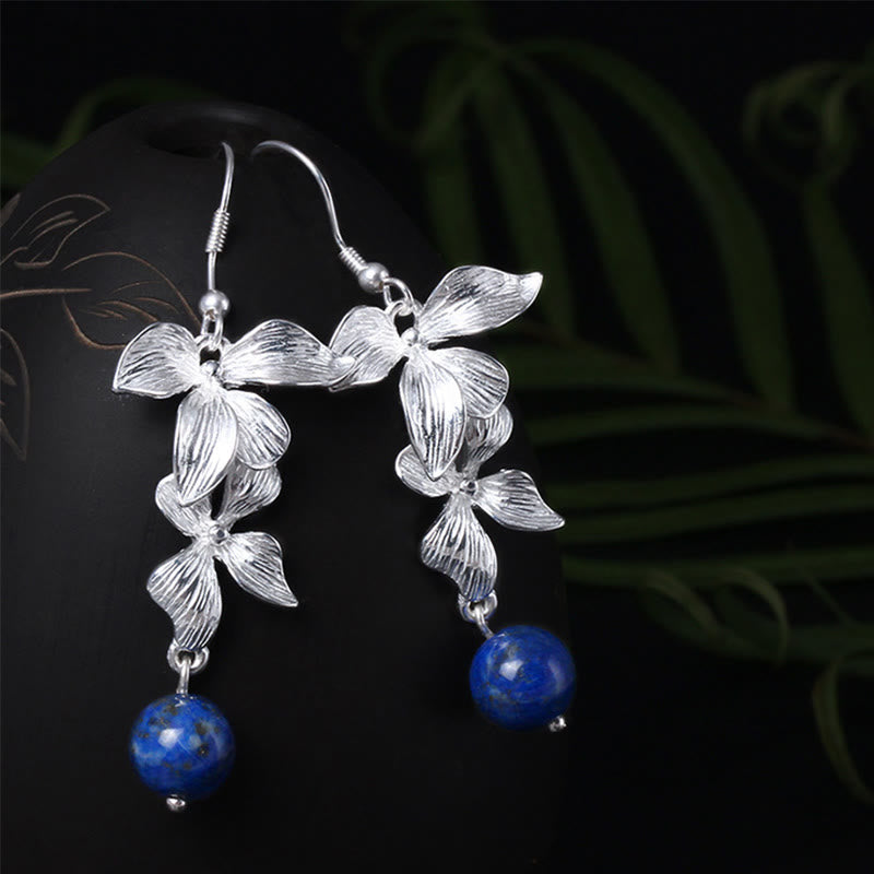 Buddha Stones 925 Sterling Silver Lazurite Lapis Lazuli Ethnic Style Flower Positive Drop Earrings - 925 Sterling Silver - image 0